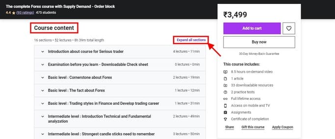 expanding the section in a course content on udemy course landing page