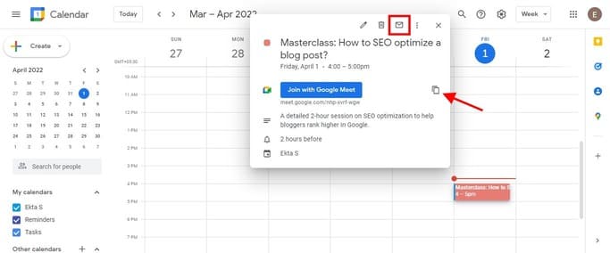 copying a shareable link of a scheduled google meet 
