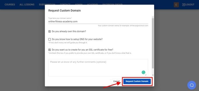 onlinecoursehost.com requesting form for domain name