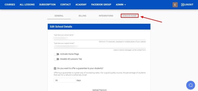 choosing the domain name option on onliecoursehost.com