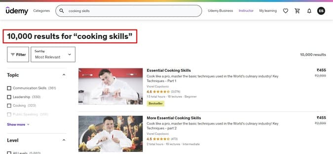 udemy results for "cooking skills"