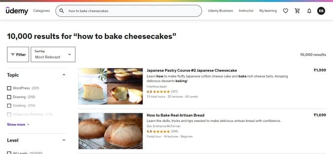 udemy results for "how to bake cheesecakes"