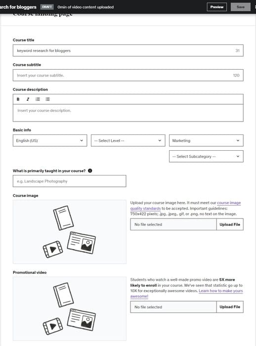 landing page editing window