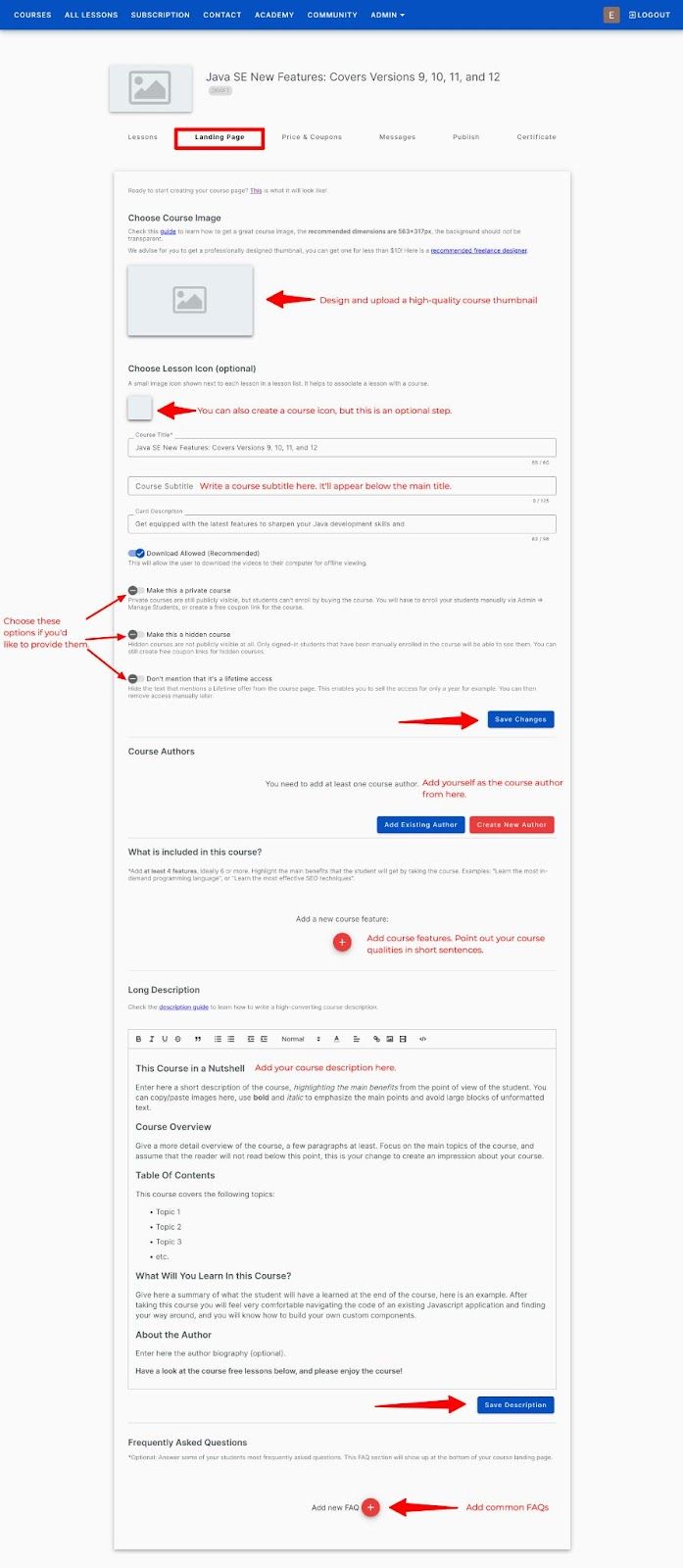 updating course details on landing page